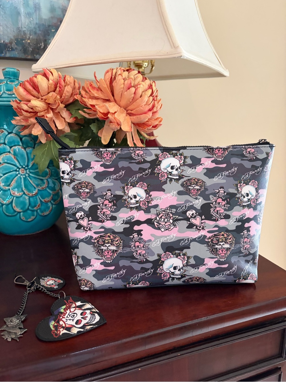 NWT Ed Hardy large cosmetic case and bag charm